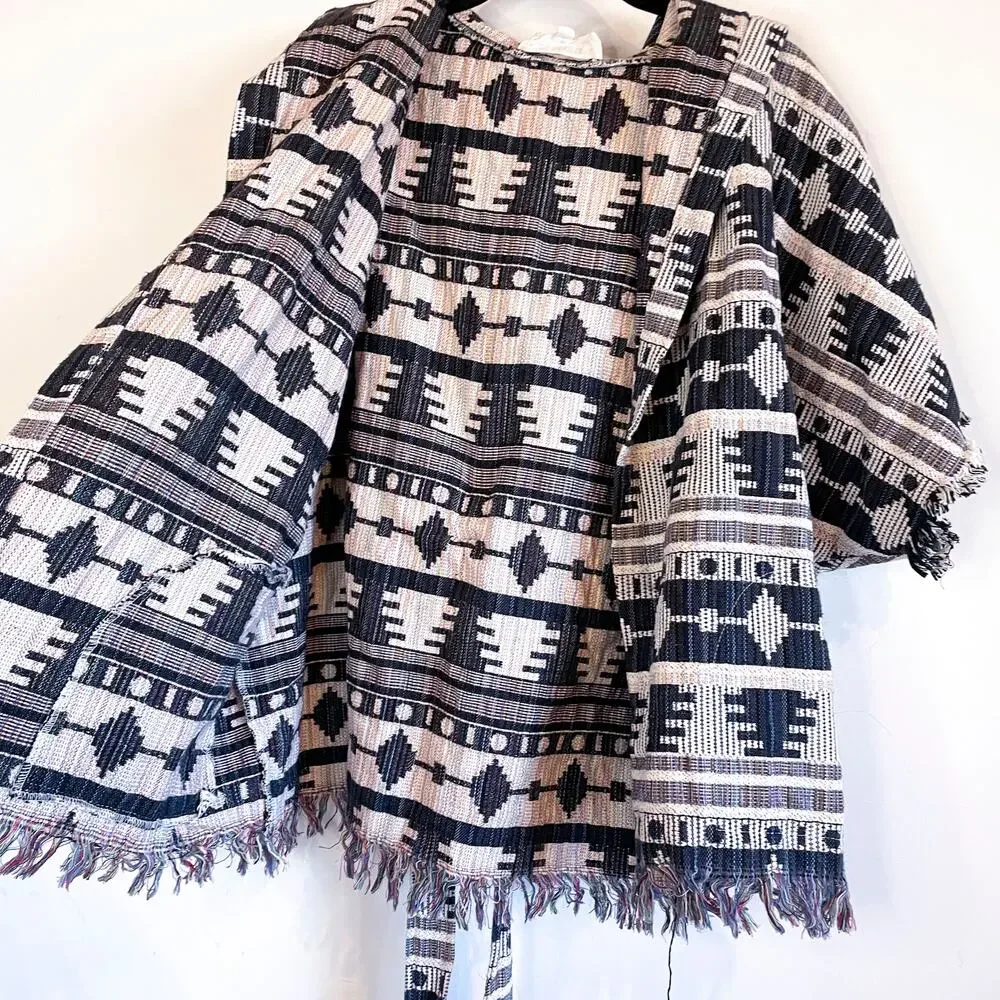 BB Dakota Black & White Print Knit Cozy Hooded Jacket w/‎ Belt Boho Women's S